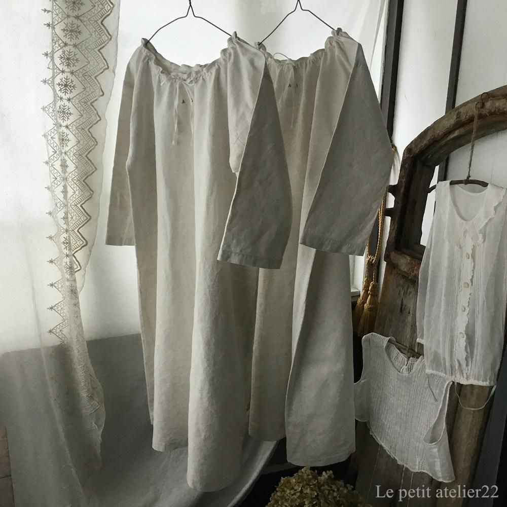 大人用 F)フランス アンティーク リネン ワンピース 作業着 七分袖