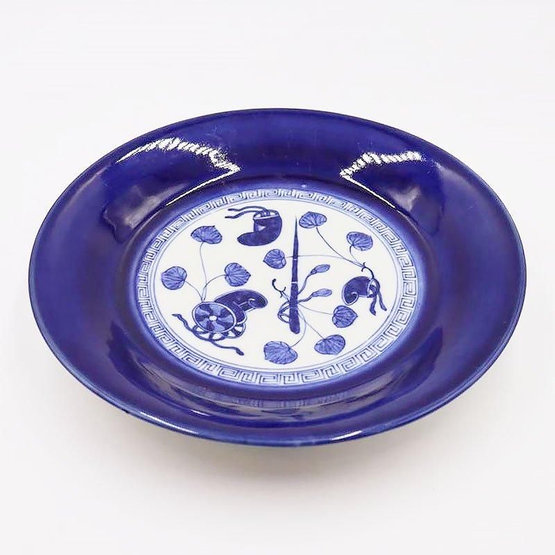 アンティーク瑠璃色大皿 葵の葉模様 江戸・明治時代