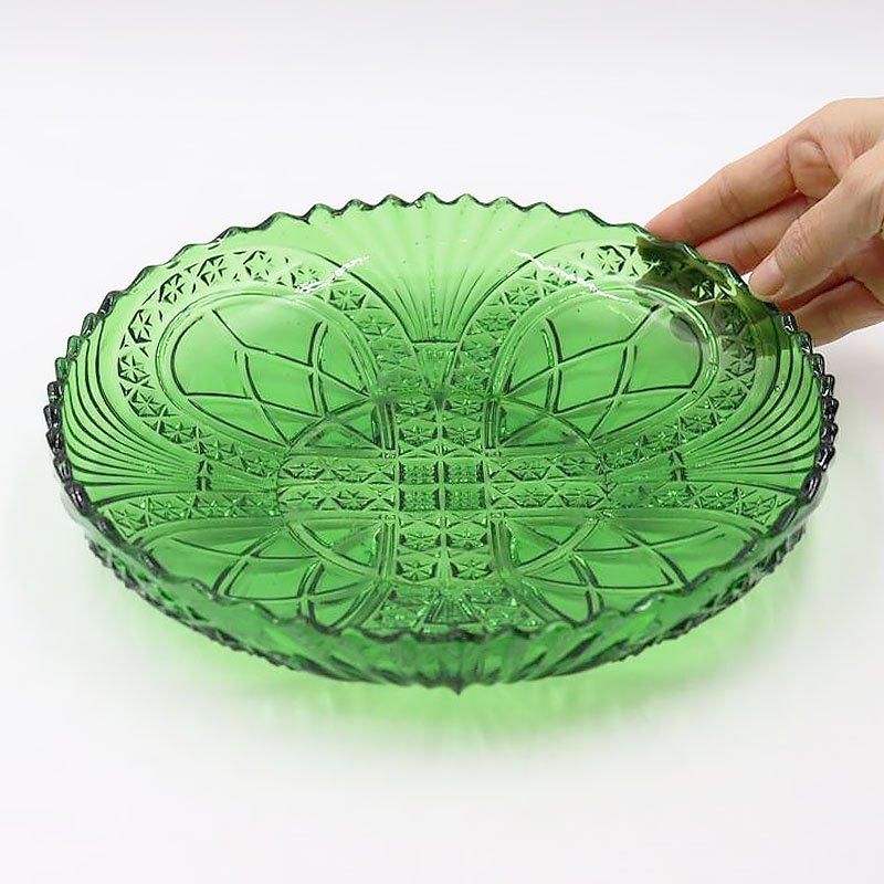 アンティーク昭和初期の緑色プレスガラス大皿