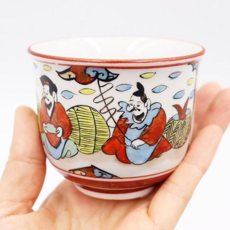 大正時代の九谷焼アンティーク湯呑み-恵比須・大黒柄