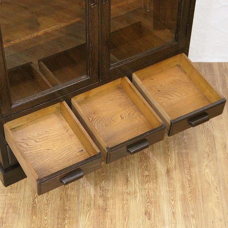 昭和レトロ風ガラス扉本箱 収納棚 引出し付き