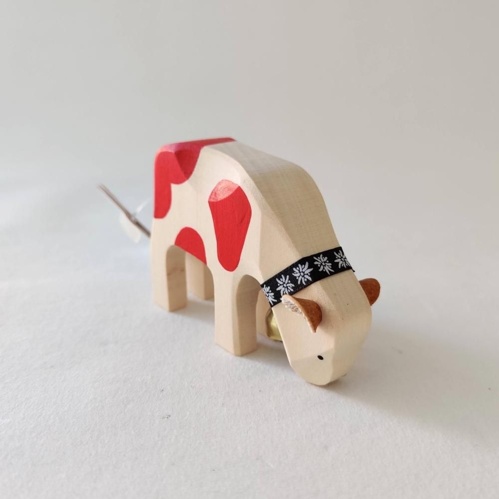 ヴィンテージ 木製 牛 オブジェ ミニ 赤ぶち下向き Trauffer スイス