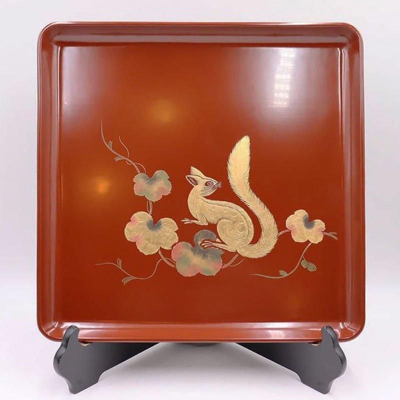 大正時代のアンティーク輪島塗四方盆 栗鼠図