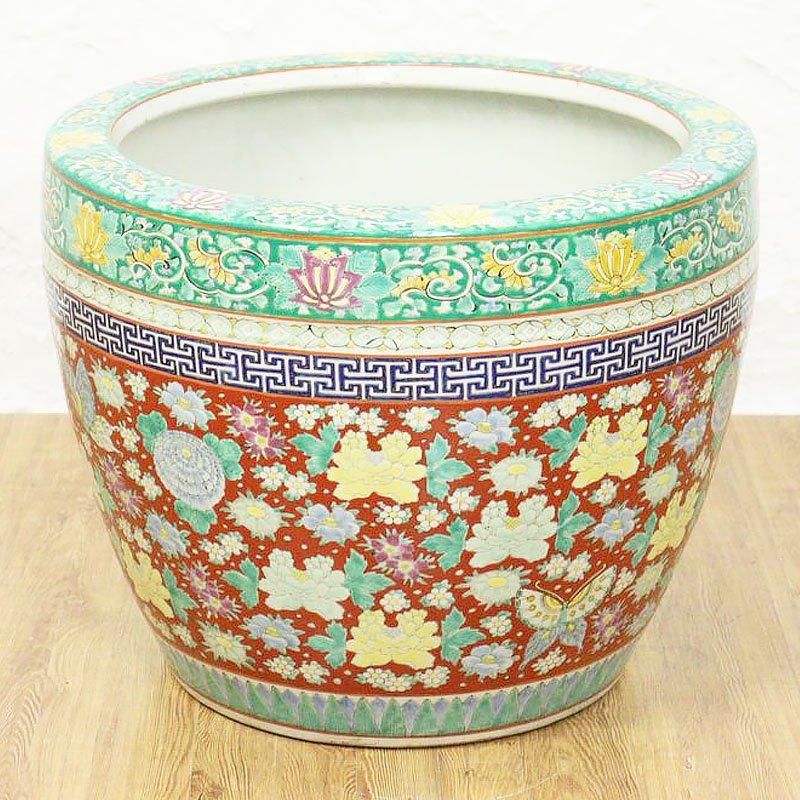 アンティーク 伊万里色絵十錦大火鉢カラフル鉢カバー