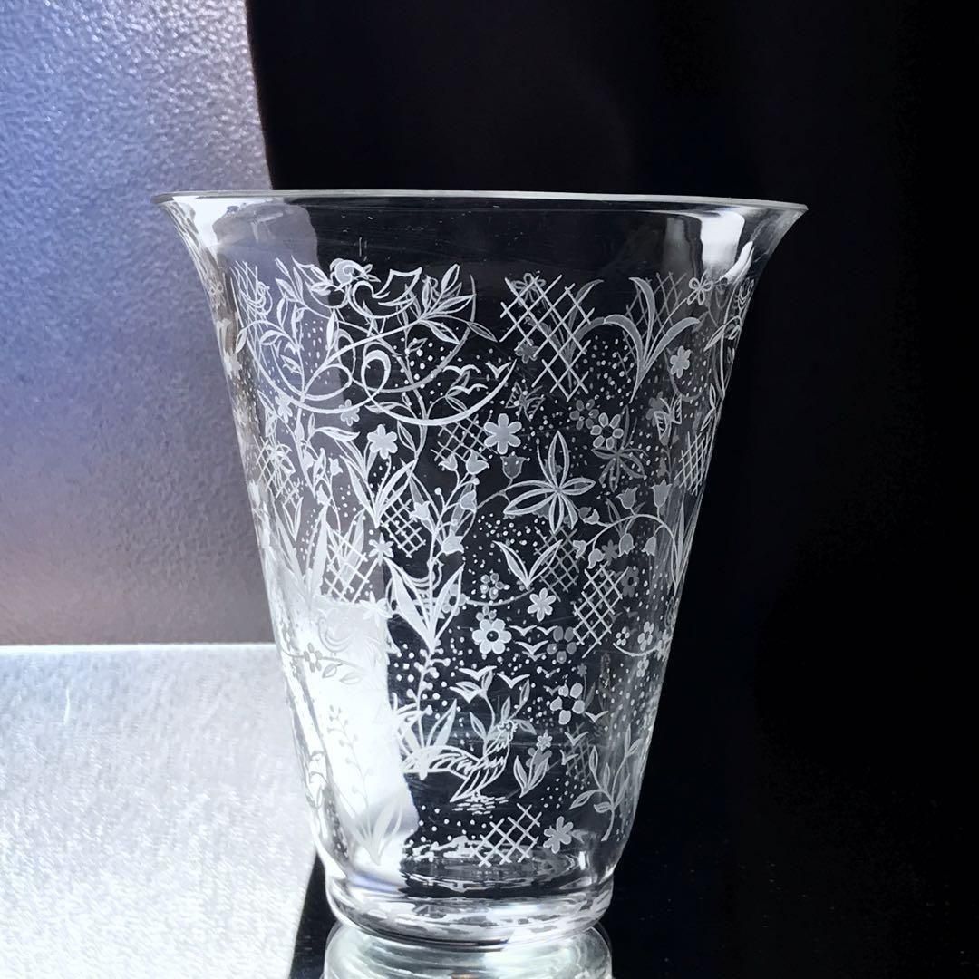 アンティークバカラ製色とりどり花鳥模様クリスタル花瓶