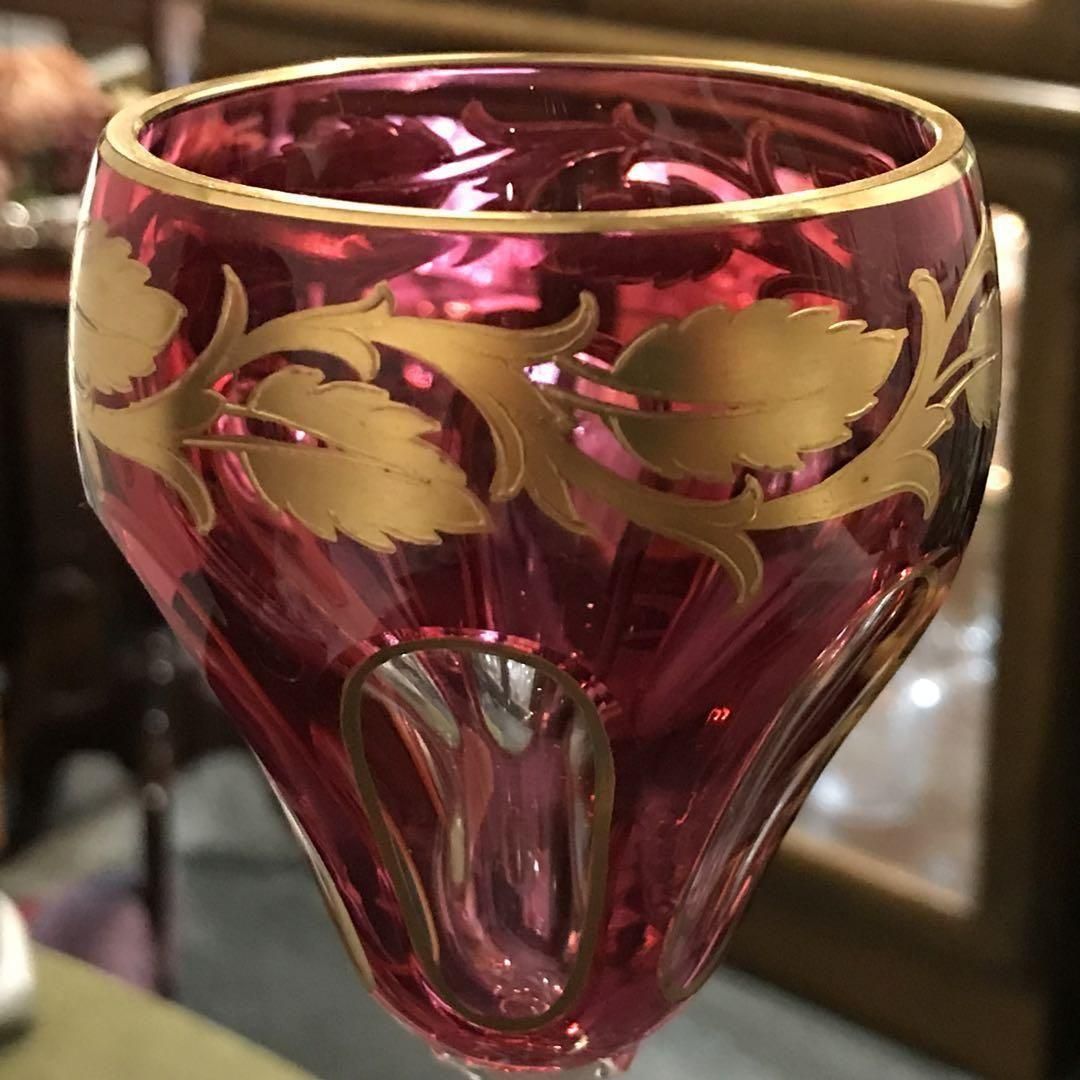 アンティークMOSERモーゼル24金装飾の被せレッドワイングラス