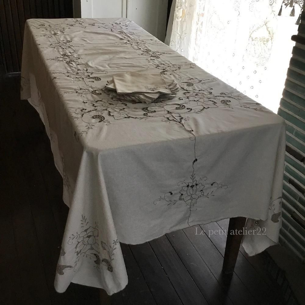 長方形)(特大)(ナプキン12枚付)フランス アンティーク コットン