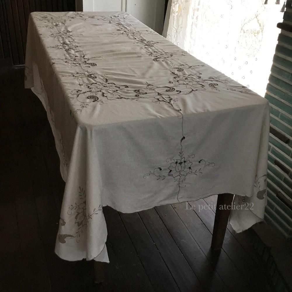 長方形)(特大)(ナプキン12枚付)フランス アンティーク コットン