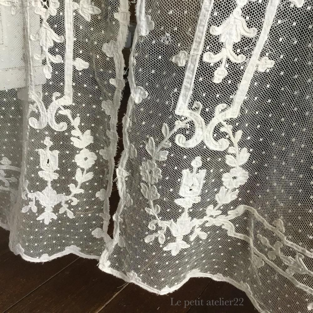 2枚1組) フランス アンティーク チュールレースカーテン 刺繍 エクリュ