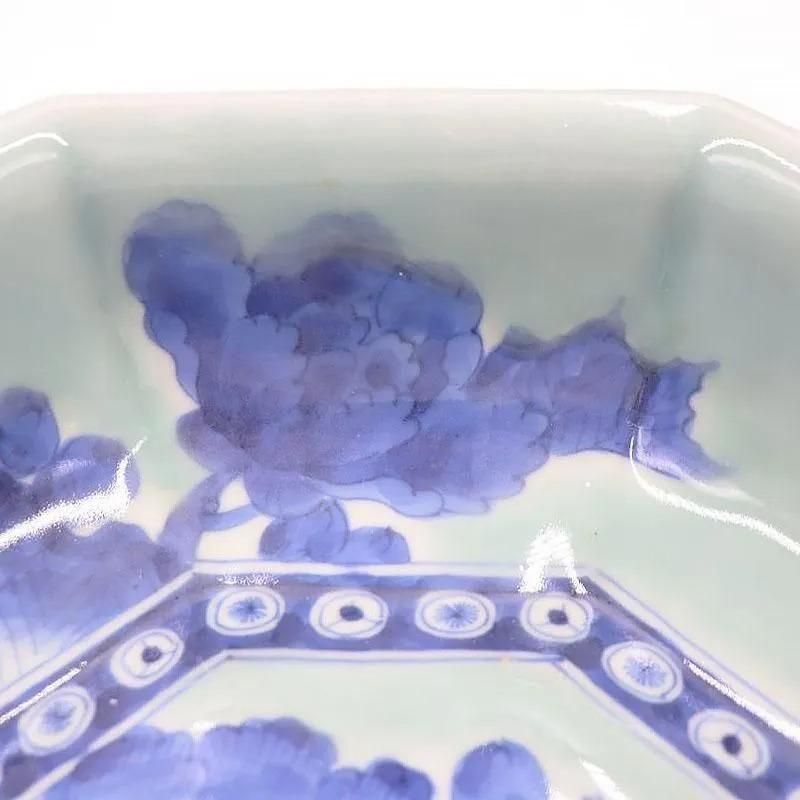 骨董5青い絵柄の八角形陶器鉢 手描き青磁染付八角大鉢（明治・大正時代）