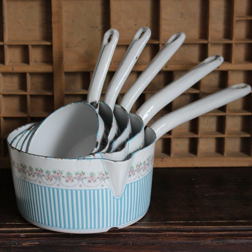 フランスアンティーク BB社 ホーロー片手鍋5点セット