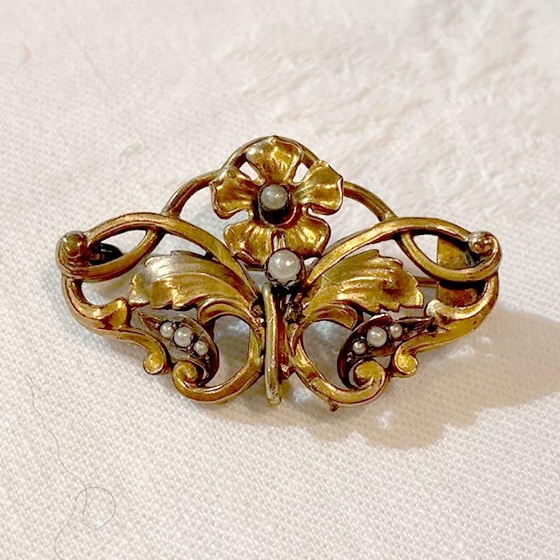 アールヌーヴォー ドットストーンお花ブローチ