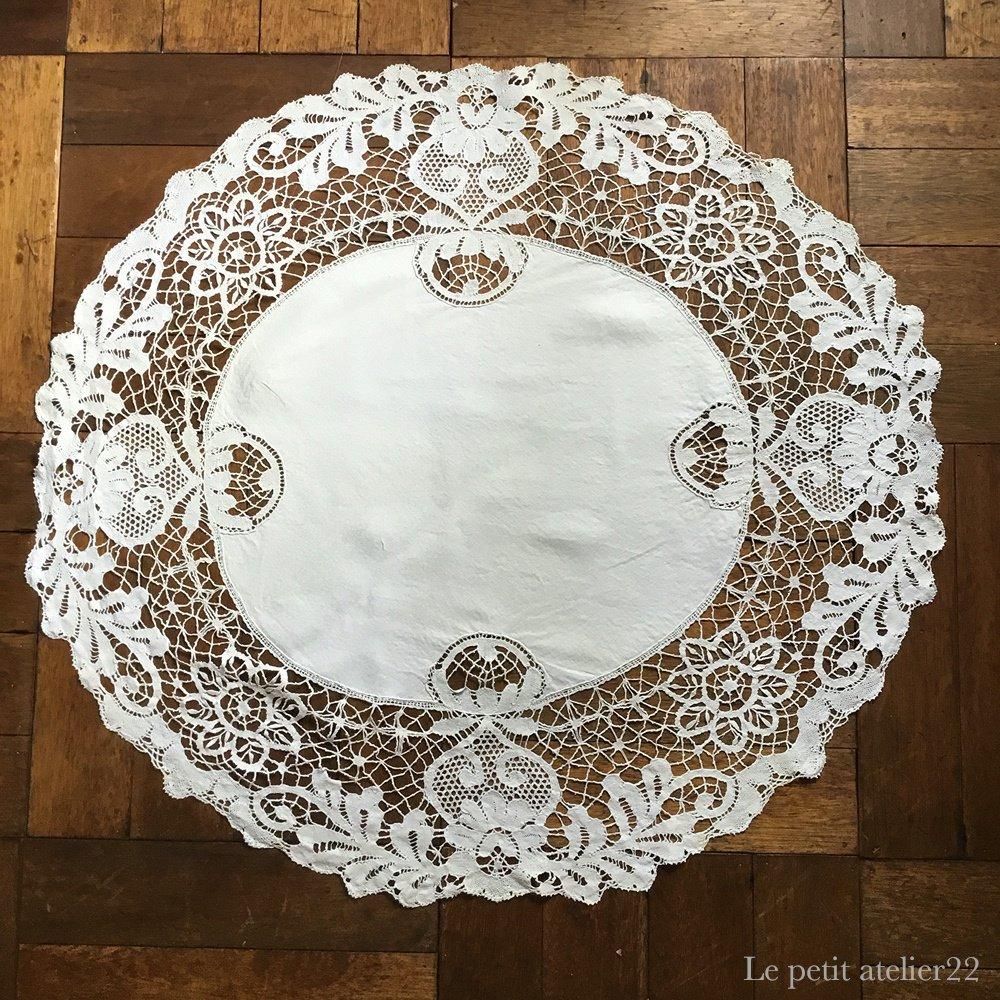 楕円) フランス アンティーク リネン ダマスク織 ボビンレース