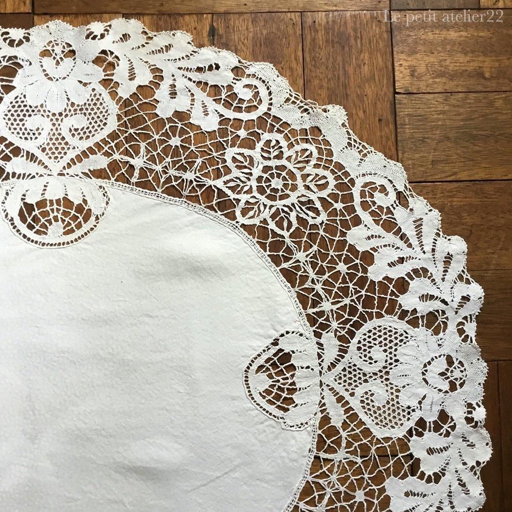 楕円) フランス アンティーク リネン ダマスク織 ボビンレース