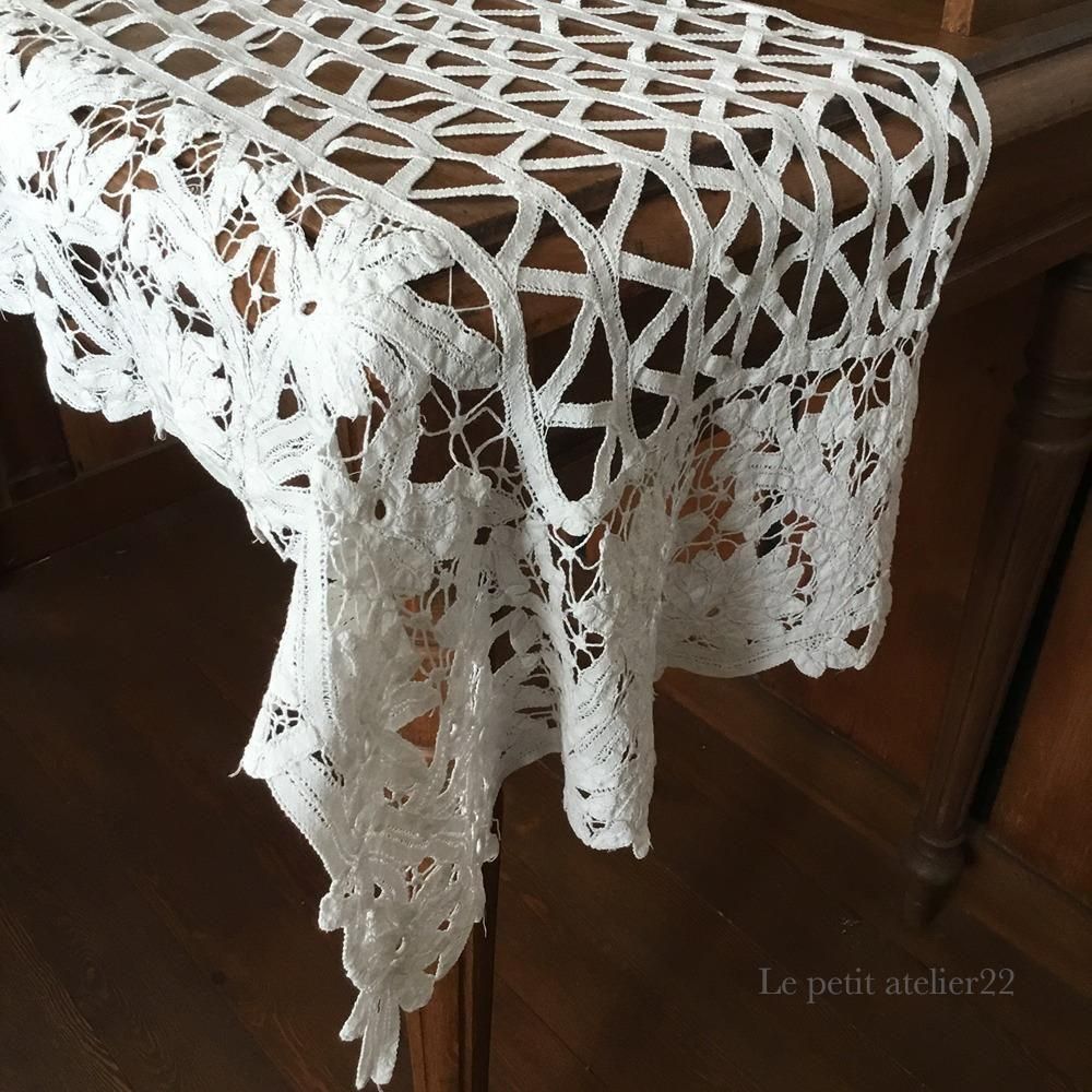 フランス アンティーク リネン カフェカーテン/チェストカバー バテン