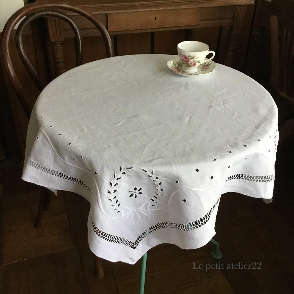 正方形) フランス アンティーク リネン テーブルクロス 白刺繍 カット