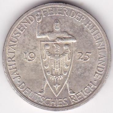 ラインラント統一1000年 ドイツワイマール3ライヒスマルク銀貨 1925年G