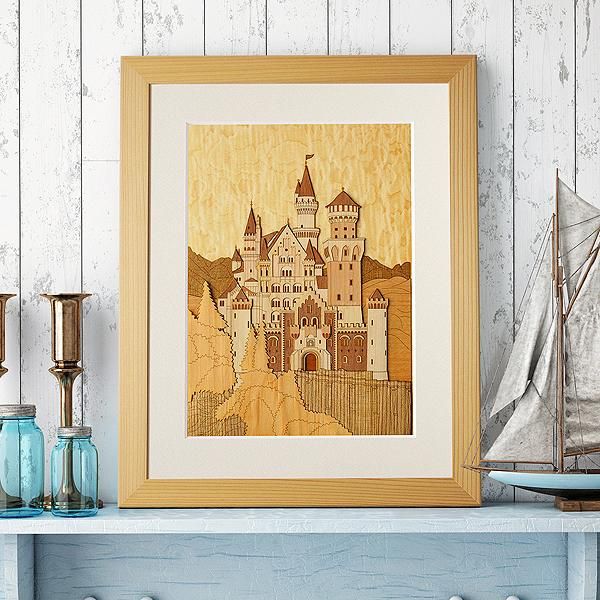 木はり絵アート「ノイシュヴァンシュタイン城」 （額縁入り完成品