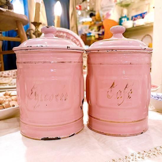 フランス1930年代 ＊ ピンク・ホーロー・キャニスター2コセット ＊ LUG