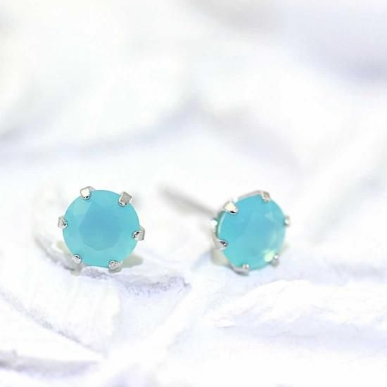 誕生日プレゼント K18WG シーブルーカルセドニー ピアス 18金ホワイト