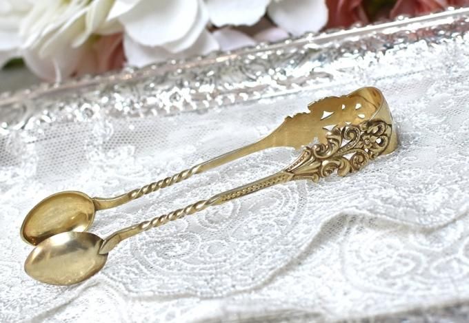 英国アンティーク銀器【純銀】1900年 ゴールド シュガートング（小