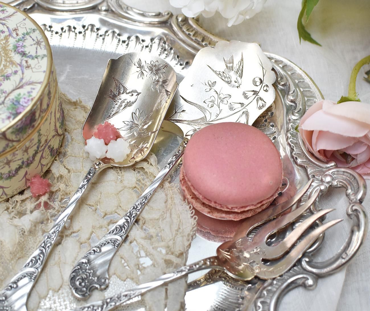 仏アンティークシルバー【銀950】サービングセット 鳥と植物 V.Boivin