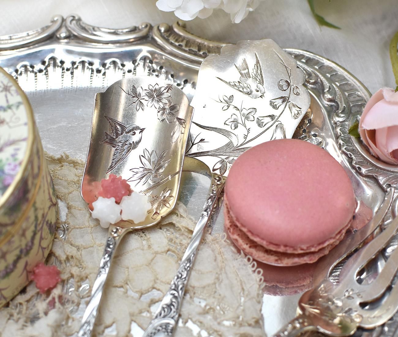 仏アンティークシルバー【銀950】サービングセット 鳥と植物 V.Boivin