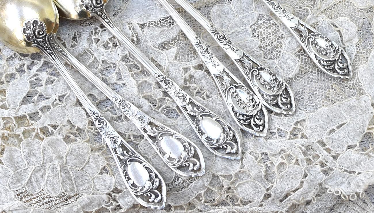 仏アンティーク銀器【銀950】透かしのティースプーンセット 12.1cm