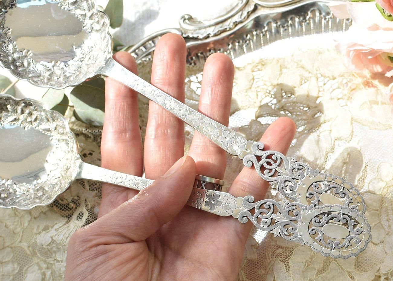 英国アンティーク銀器【純銀】1902年 サービングスプーンペア James