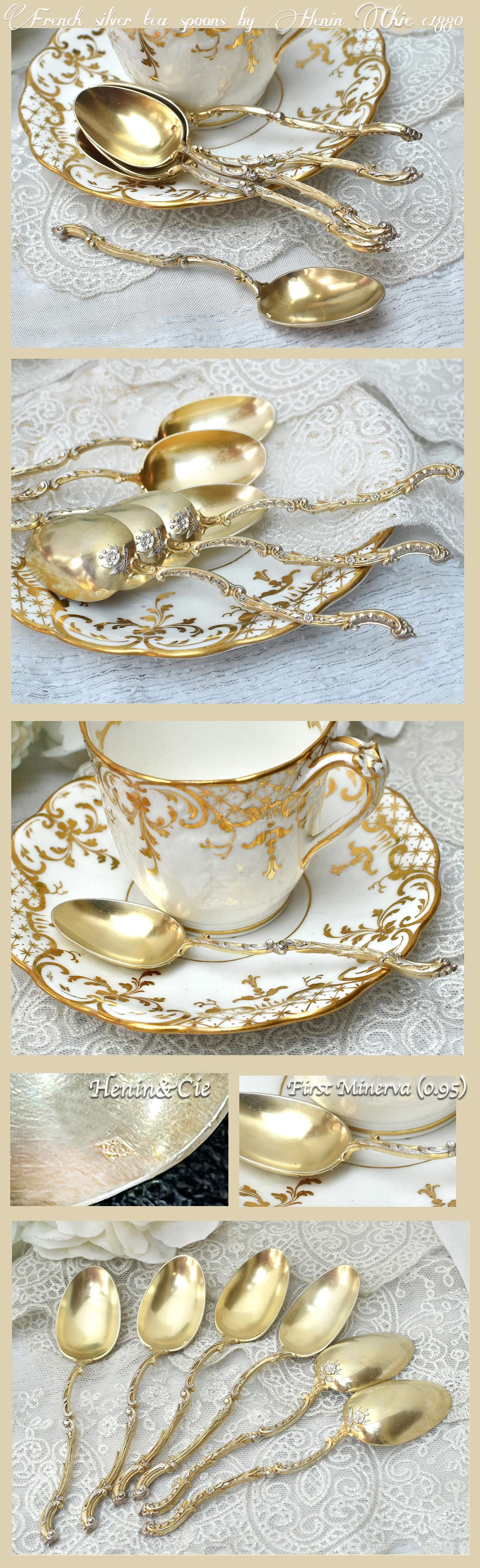 仏アンティークシルバー【純銀】ティースプーン2本◇Henin&Cie◇2本