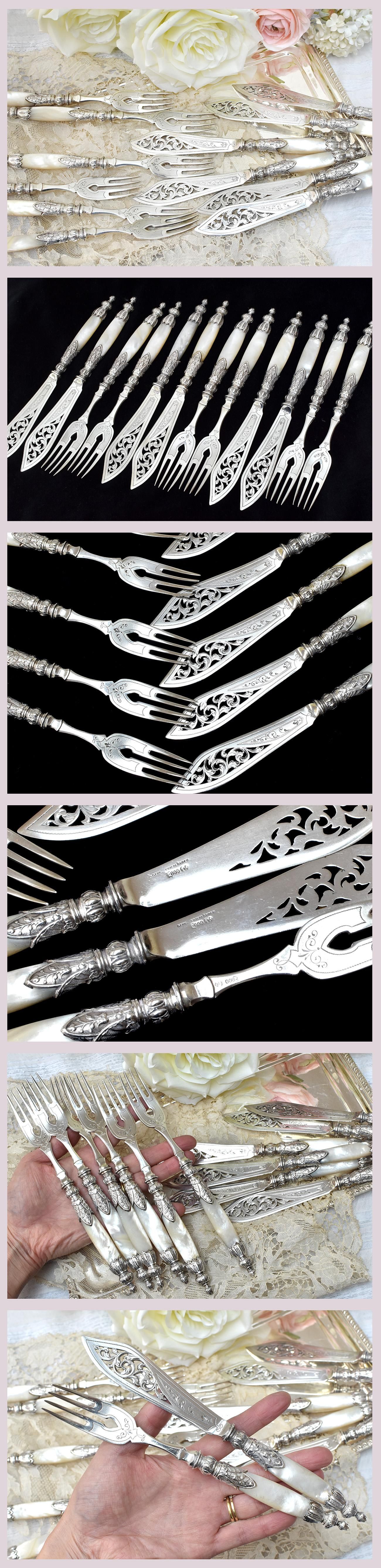 Germanアンティーク銀器【純銀】白蝶貝ハンドル 透かしのカトラリー