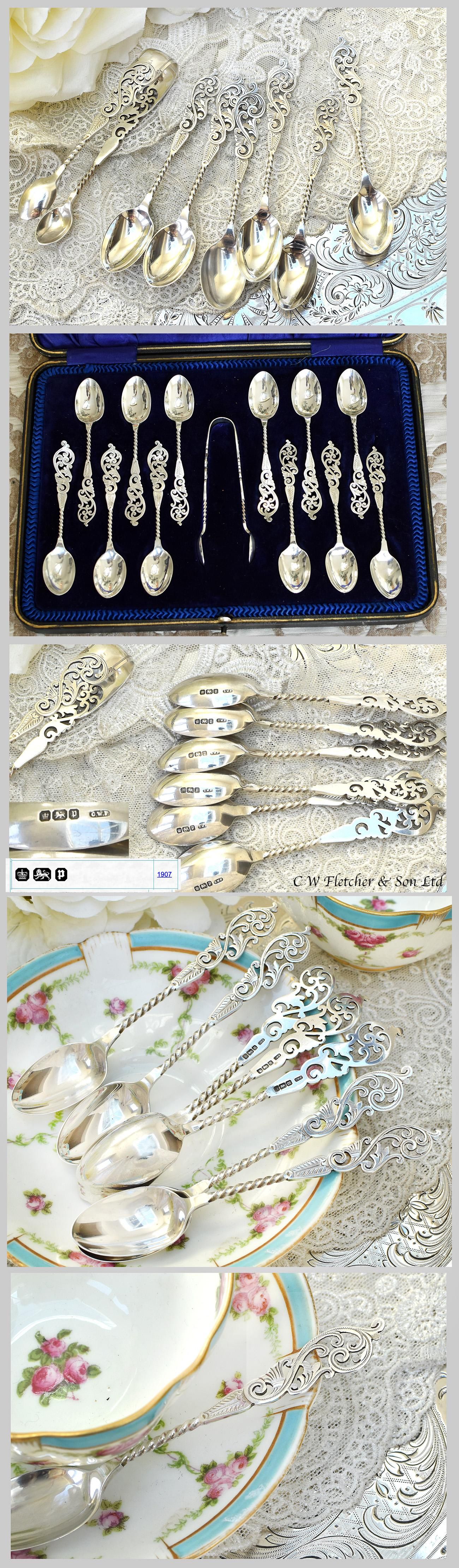 英国アンティーク銀器【純銀】1907年 透かしのティースプーンセット