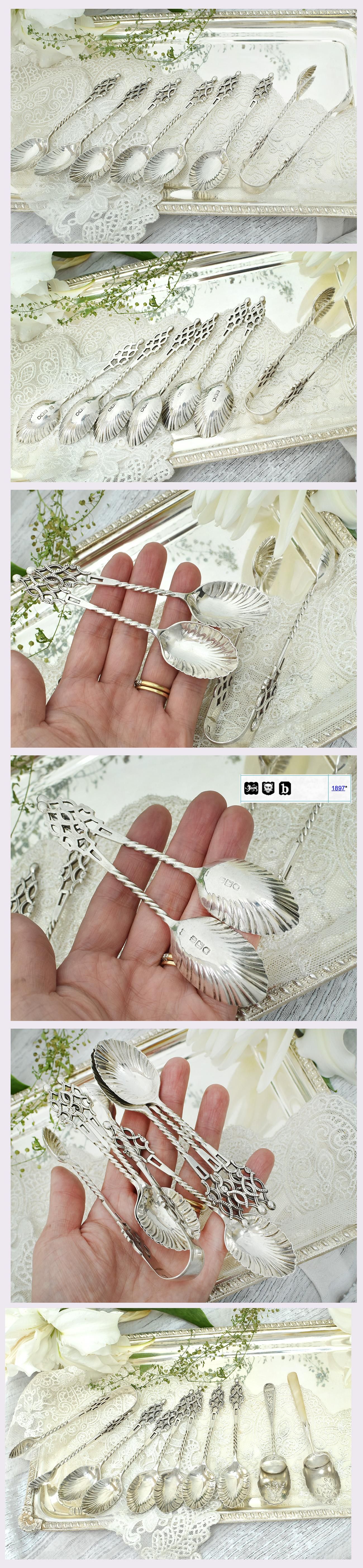 英国アンティーク銀器【純銀】1897年 ティースプーン6本＋トングセット