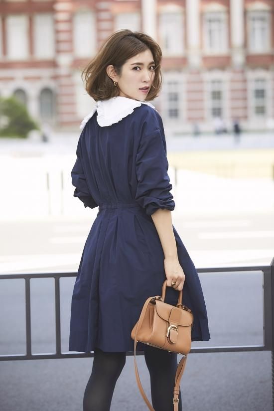 襟付きタフタワンピース(ネイビー) - seventen