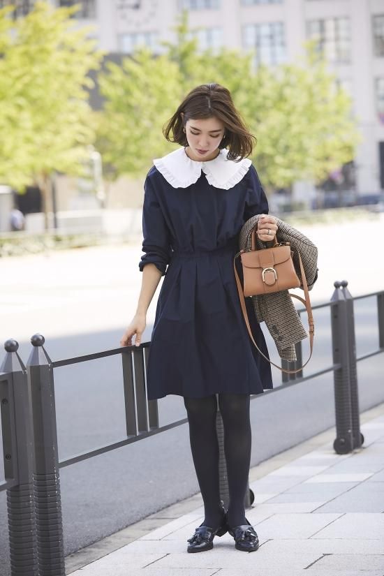 襟付きタフタワンピース(ネイビー) - seventen