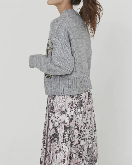 フラワー刺繍ニットカーディガン(グレー) - seventen