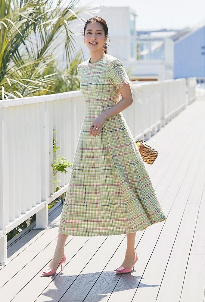 再入荷】ツイードフィットフレアワンピース(グリーン) - seventen