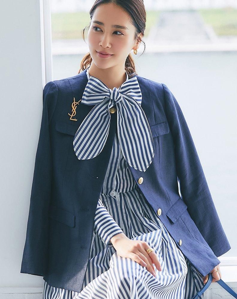 再入荷】シアーストライプボウタイワンピース(ネイビー) - seventen