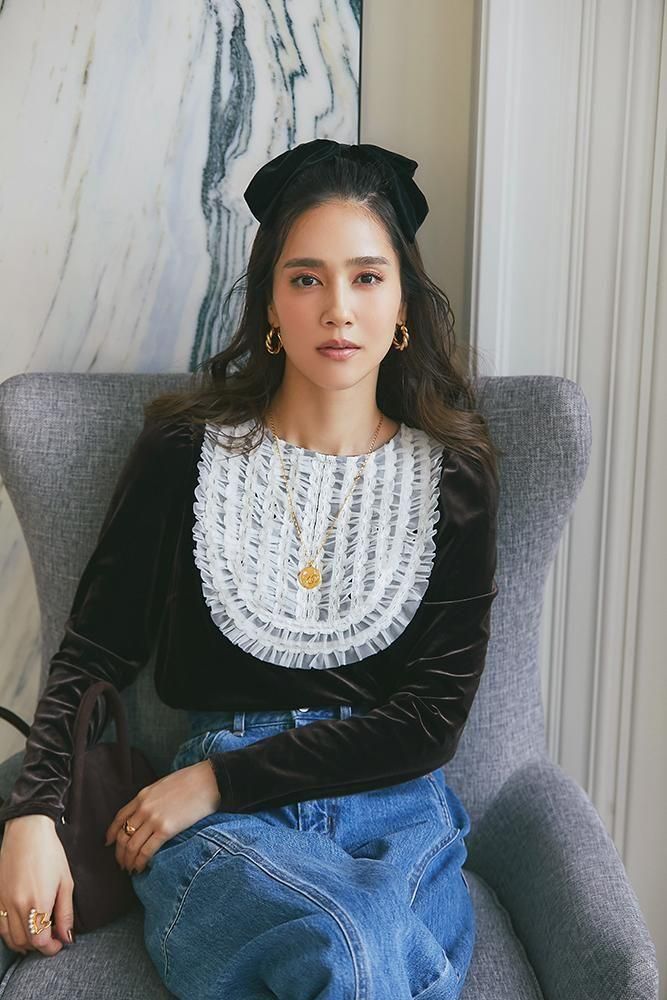 チュールフリルベロアトップス(ブラウン) - seventen