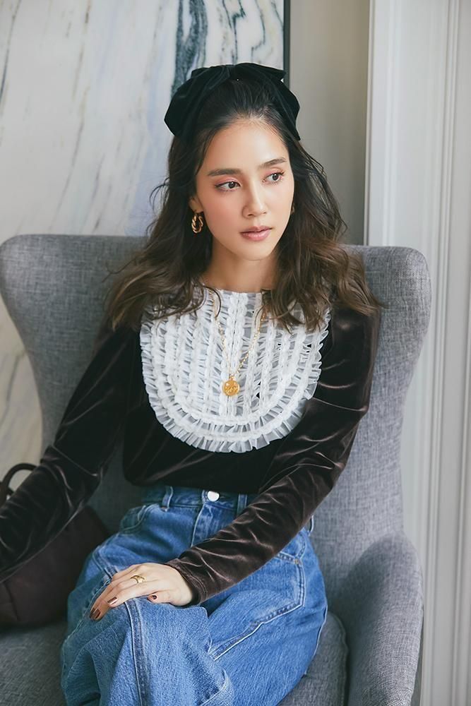 チュールフリルベロアトップス(ブラウン) - seventen