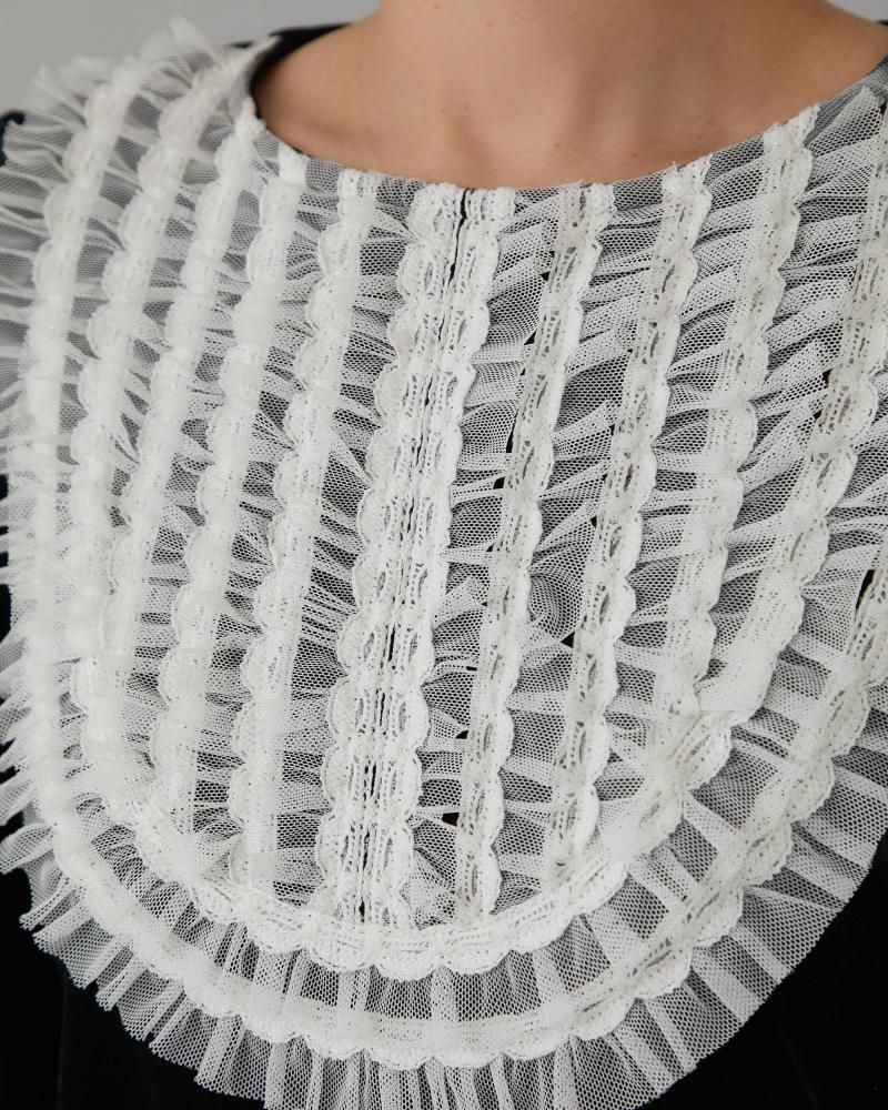 チュールフリルベロアトップス(ブラック) - seventen