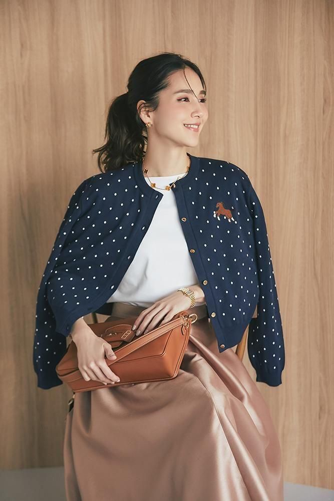 ワンポイント刺繍ドットカーディガン(ネイビー×オフホワイトドット