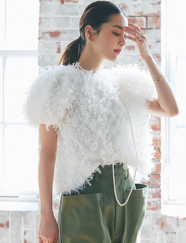 フリンジチュールトップス(ホワイト) - seventen