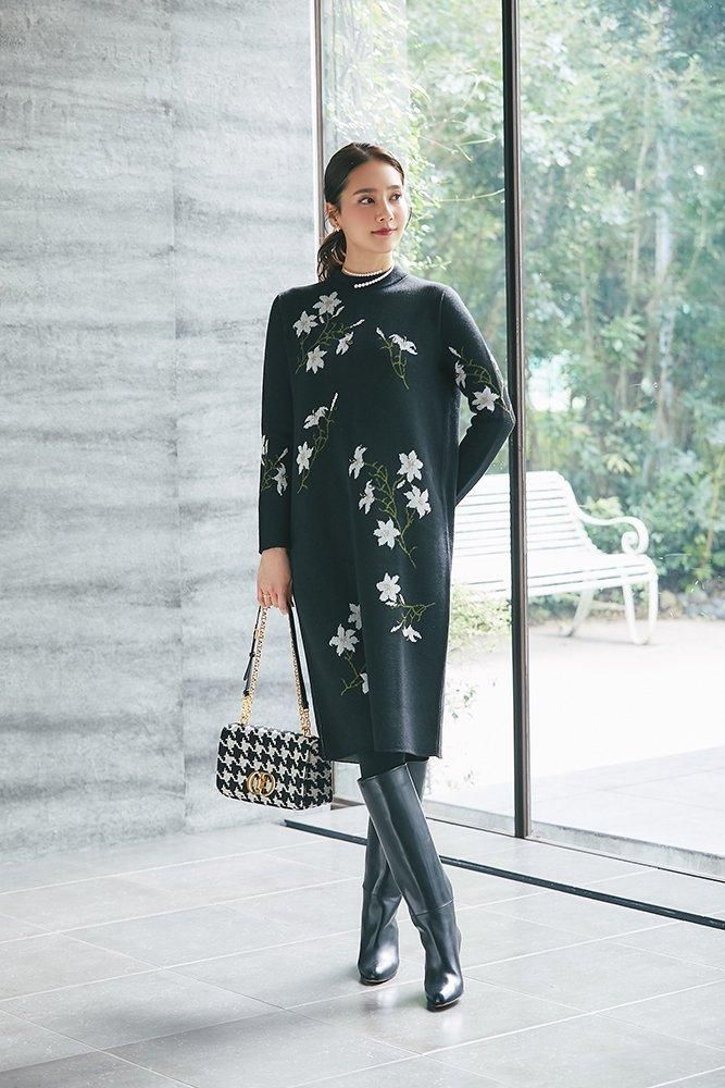 リリーラメジャガードニットワンピース(ブラック) - seventen