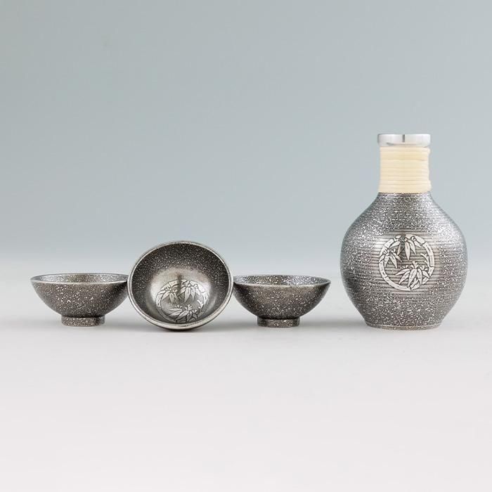 錫 酒器セット 鶴 盃3ヶ 黒漆加工 200ml [No.63-2]｜薩摩錫器工芸館