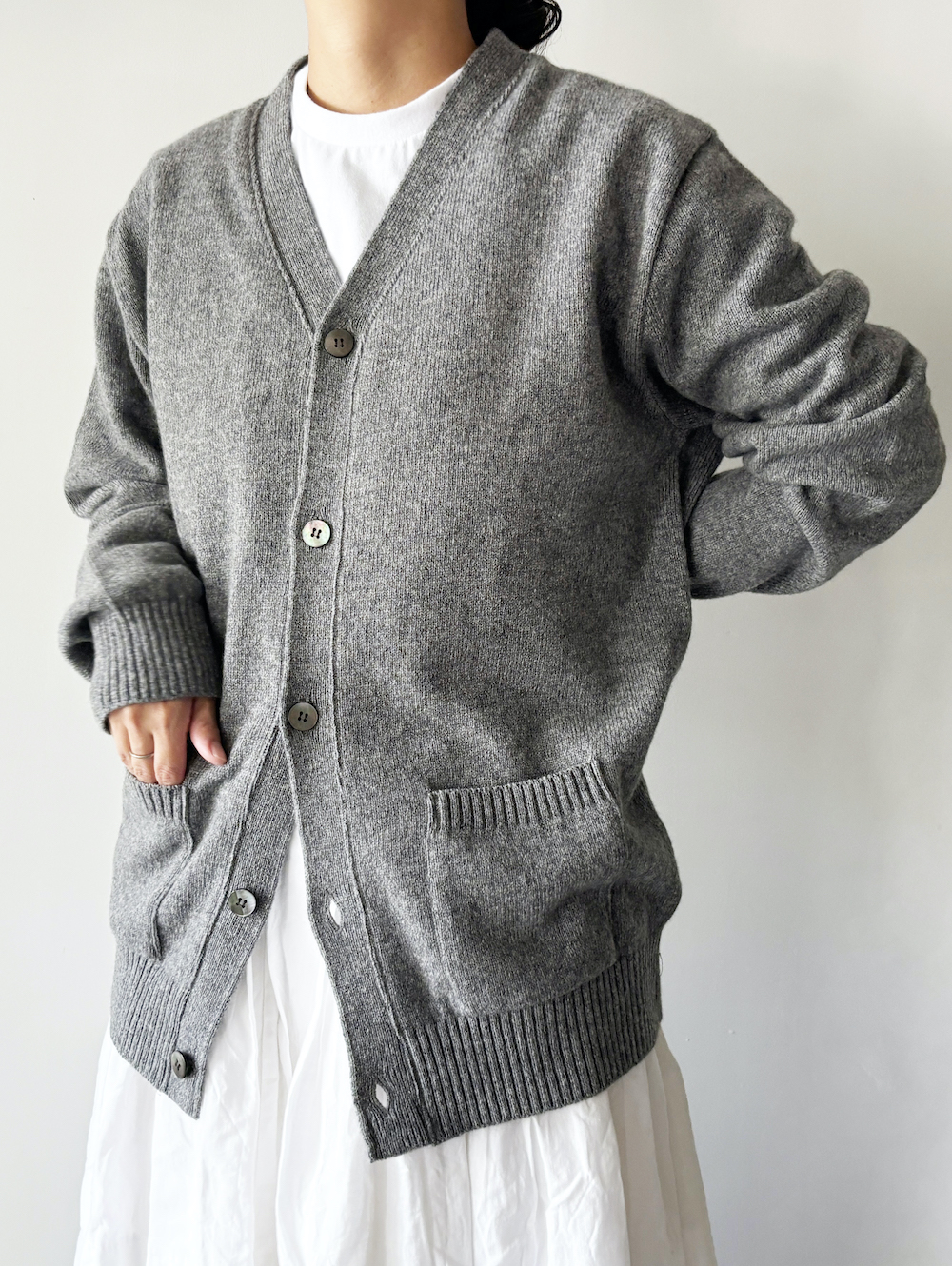 middleミドル〉ウール5Bカーディガン/グレー