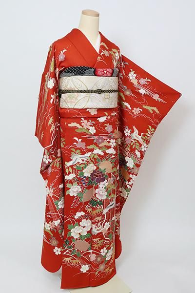銀座【B-2974】振袖 緋色 四季花に鶴の図 - 銀座きもの青木｜長く大切