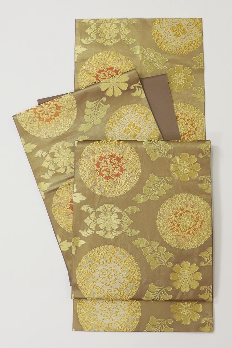 あおき【L-7072】西陣 川島織物製 本袋帯 黄枯茶色 有職丸文（落款入