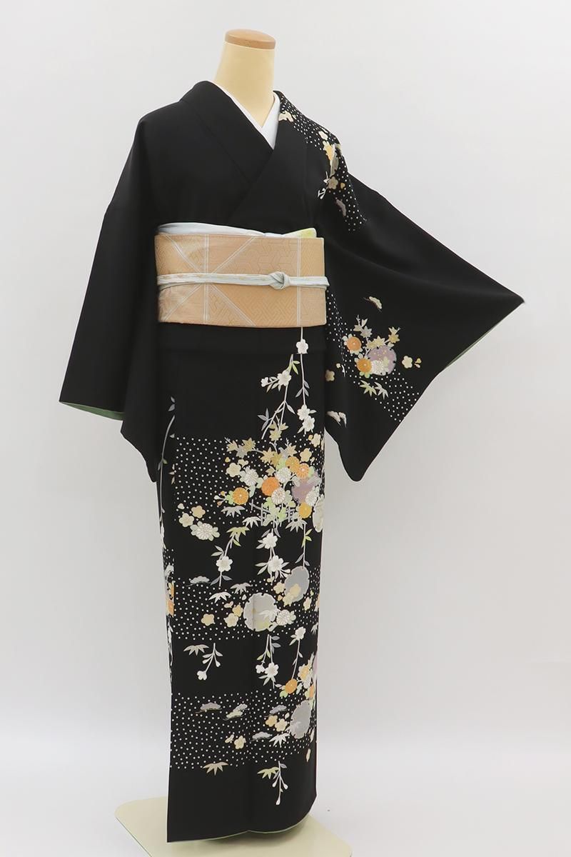銀座【B-3983】訪問着 黒色 疋田の横段に雪輪や四季花文 :身丈158/裄67
