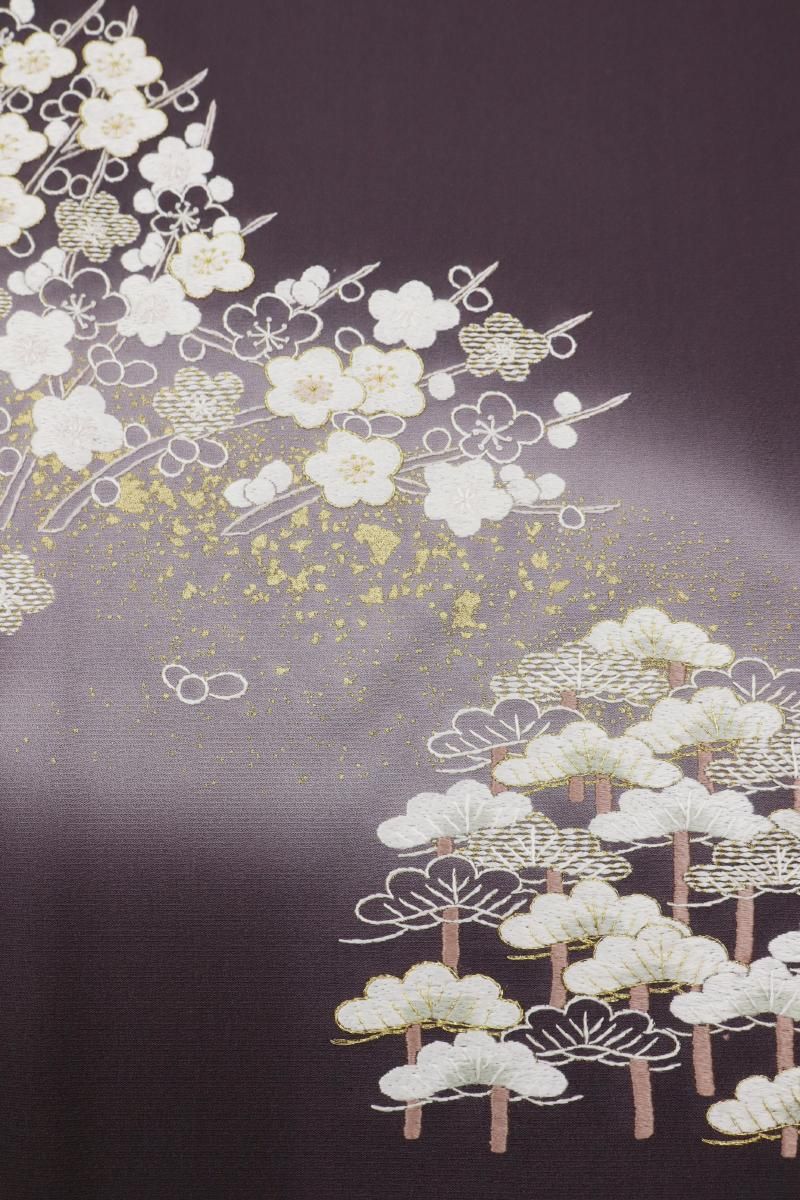 銀座【B-3989】刺繍 訪問着 黒紫色 松竹梅の図 :身丈157/裄65 - 銀座